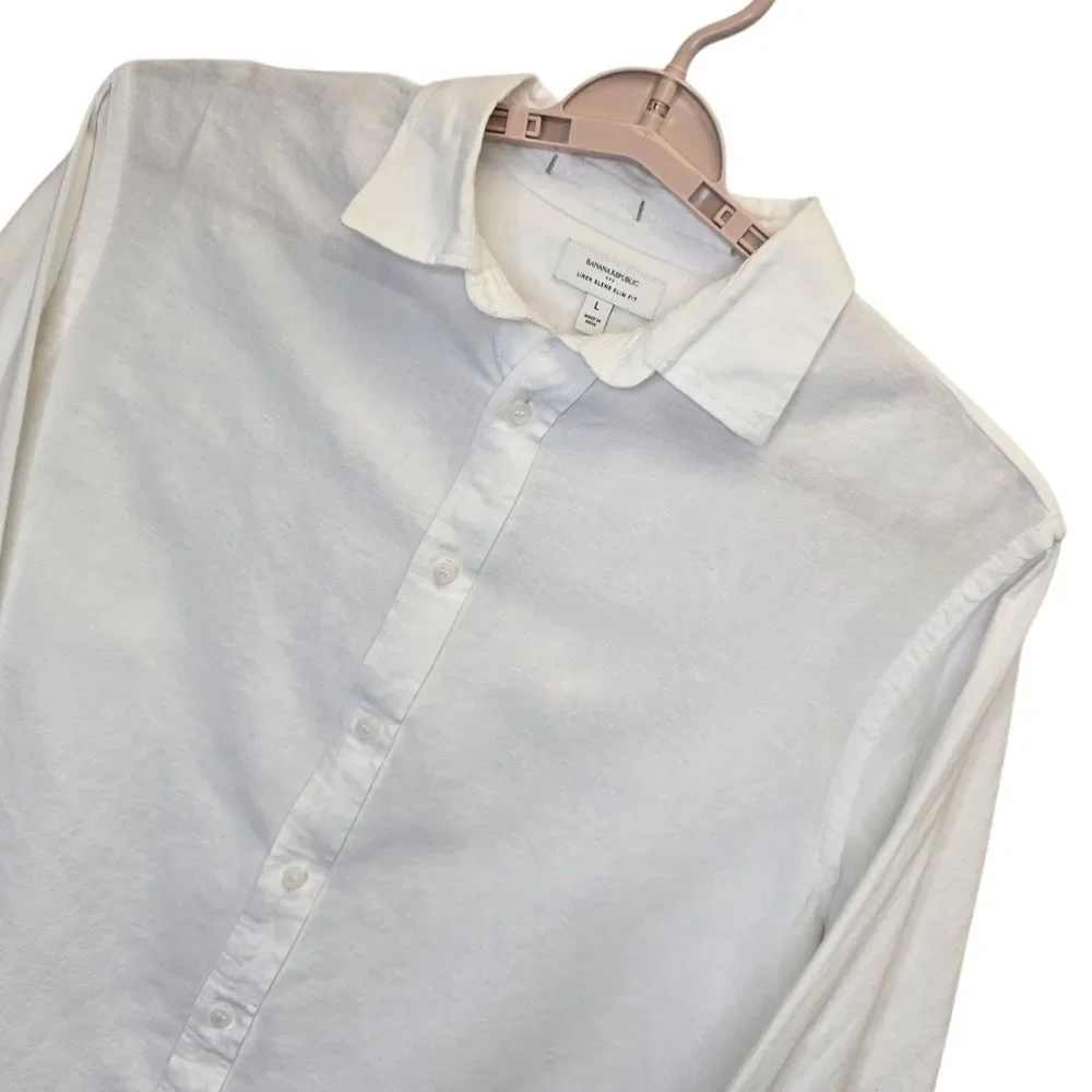 Banana Republic Men's L Linen Blend Slim Fit White Button-Down Long Sleeve Shirt